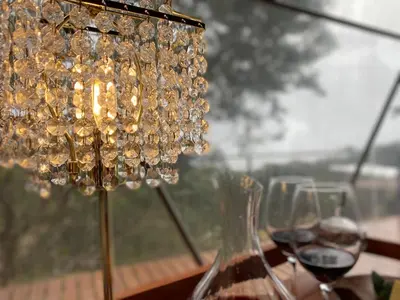 a chandelier and two glasses of wine on a table at FéLIZA Rainforest Domes in Monteverde Costa Rica
