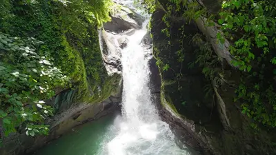 a waterfall in the middle of a river at The Nest Unique Jungle Retreat in Barú