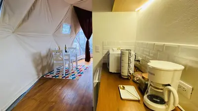 a room with a tent with a coffee maker in it at The SAFIRA Dome at FéLIZA Rainforest Domes in Monteverde Costa Rica
