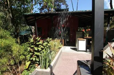 a garden with a water fountain in front of a building at Oasis de las Palmas in Ojochal