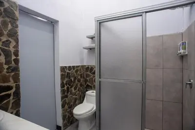 a bathroom with a toilet and a glass shower door at Casa Plata - 10 bed, 5 bdrm - One Block from Clubs in Jacó