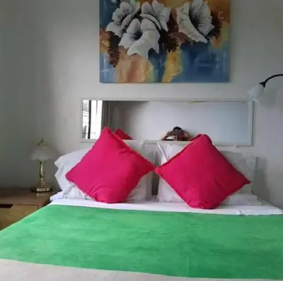 a bedroom with pink and green pillows on a bed at Casa Echavarria in San José