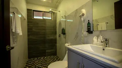 a bathroom with a shower and a sink and a toilet at Bukala Village Lodge in San Ramón