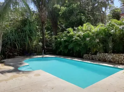 a large blue swimming pool in a yard with trees at Casa PlayaAzul, walk to the beach, 3 rooms in Santa Teresa Beach
