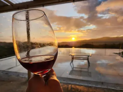 a person holding a glass of wine at sunset at Magic Place Monteverde in Monteverde Costa Rica