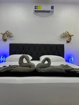 two snakes laying on a bed in a bedroom at H et L in Tortuguero