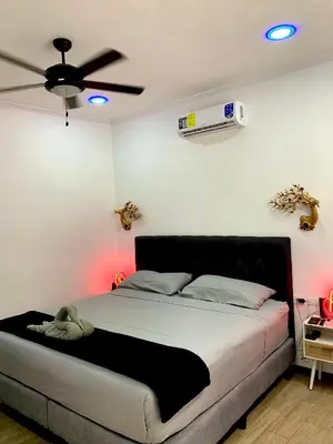 a bedroom with a bed with a ceiling fan at H et L in Tortuguero