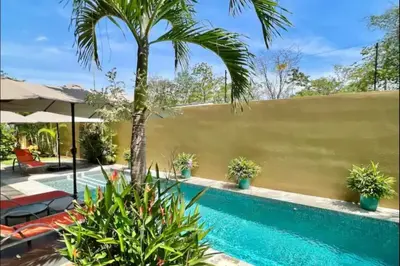 a swimming pool with a palm tree next to a fence at Villas Confort Completas Manuel Antonio Kepos Costa Ric in Quepos