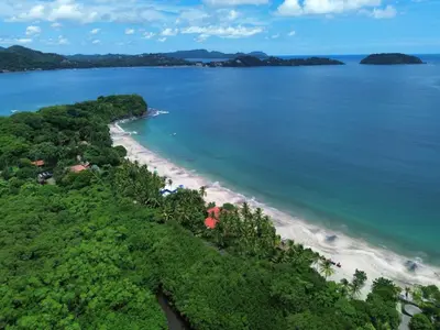 an aerial view of a beach with trees and the ocean at Secluded Luxury Mansion with Sleek, Modern Design, High-End Amenities, and Spectacular Views in Carpintero