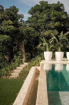 a swimming pool in a yard with two potted plants at Secluded Luxury Mansion with Sleek, Modern Design, High-End Amenities, and Spectacular Views in Carpintero