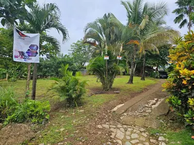 a park with palm trees and a sign next to a dirt road at Departamento Económico, Familiar in San Isidro