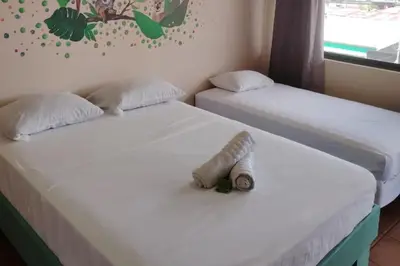 two beds sitting next to each other in a room at Hospedaje Papalotes in Quepos
