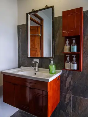 a bathroom with a sink and a mirror at Palco Pacifico at The Retreat in Atenas