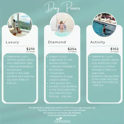 a brochure template for a day pass with different types of tourism at Palco Pacifico at The Retreat in Atenas