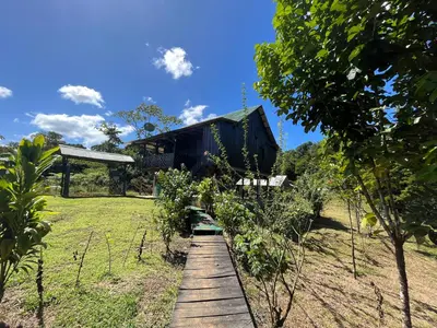 a wooden path leading to a black house at La Cueva del Sapo Experience a genuine countryside farm wooden house in Horquetas