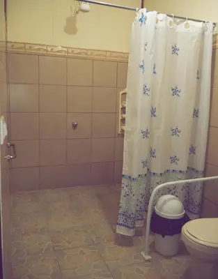 a bathroom with a shower curtain and a toilet at Monte Los Lirios Lodge in Monteverde Costa Rica