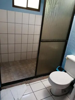 a bathroom with a shower with a toilet and a sink at Monte Los Lirios Lodge in Monteverde Costa Rica