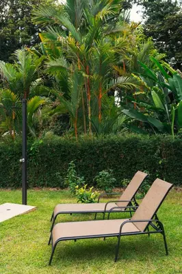 two benches sitting on the grass in a park at TAMANDUA HOMES el centro de Uvita in Uvita