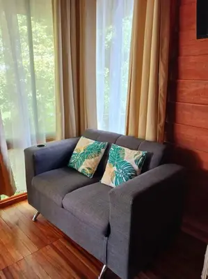 a couch with two pillows on it in a living room at Cabaña Luna Arenal in Fortuna