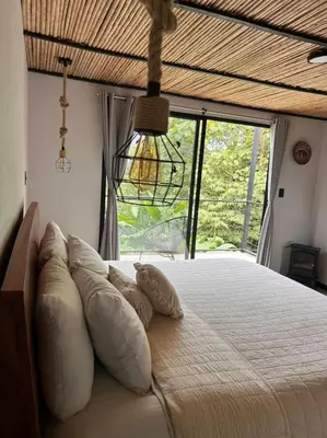 a bedroom with a bed with pillows and a window at Villa Natura in Bajos del Toro
