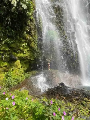 a person standing in front of a waterfall at Villa Natura in Bajos del Toro