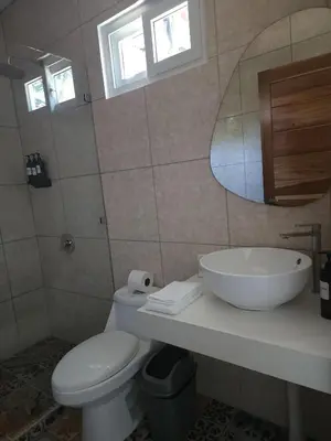 a bathroom with a toilet and a sink and a mirror at Alma Del Bosque Hotel in Tortuguero