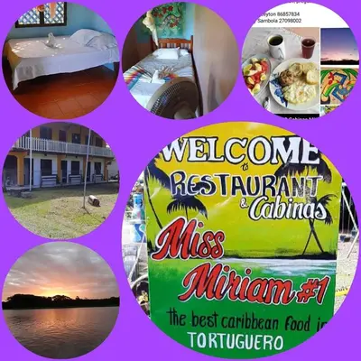 a collage of pictures of different resorts and food at Miss Miriam BeachFront Cabins in Tortuguero