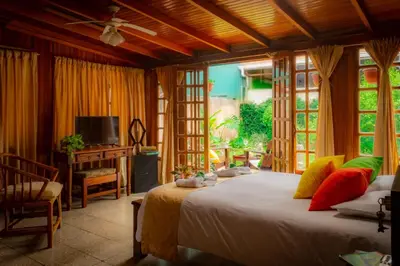a bedroom with a bed and a desk and a television at Turrialba Bed & Breakfast in Turrialba