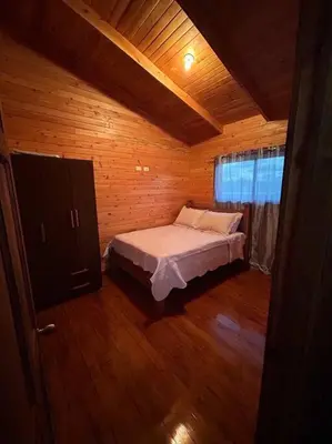 a bedroom with a bed in a wooden room at Seahorse Breeze Apartment 1 in Uvita