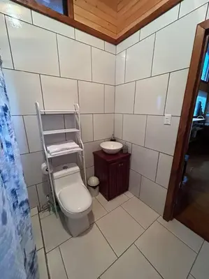a small bathroom with a toilet and a sink at Seahorse Breeze Apartment 1 in Uvita