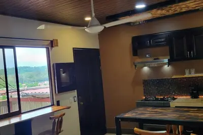 a kitchen with a counter and a stove top oven at Local secret apartament Blue Mountain in Quepos in Quepos