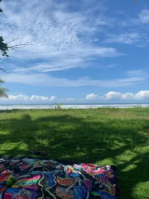 a blanket laying on the grass in front of the ocean at sarahs peaceful Home in Parrita