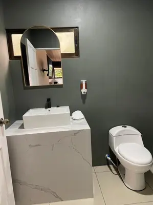 a bathroom with a white toilet and a mirror at Cabinas La Catarata in Fortuna