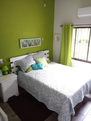 a bedroom with a white bed with green walls at Happy Face House in Bogee