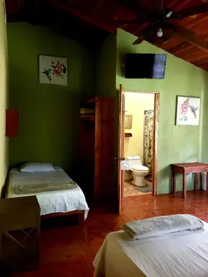 a green room with two beds and a toilet at Arenal Hostel La Catarata in Fortuna