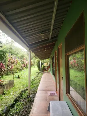 a porch of a green house with a wooden ceiling at Arenal Hostel La Catarata in Fortuna