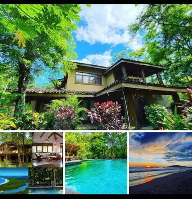 a collage of pictures of a house and a pool at Jim's Beach House in Playa Grande