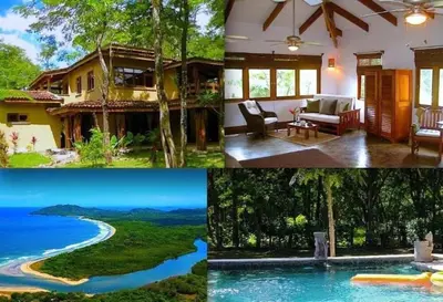 a collage of pictures of a house at Jim's Beach House in Playa Grande