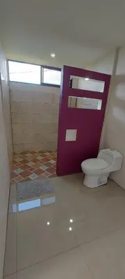 a bathroom with a toilet and a purple door at Cabinas Río celeste in Upala