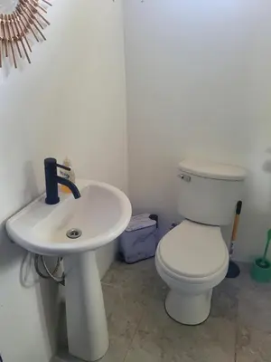 a bathroom with a white toilet and a sink at Jungle house in Tapantí