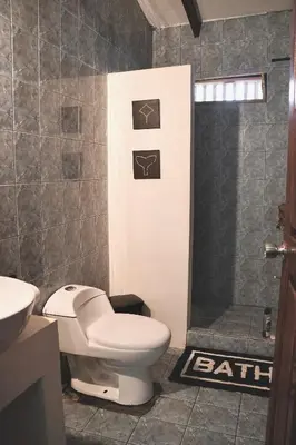 a bathroom with a toilet and a shower at Tropical Camas Surf House in Pochotal