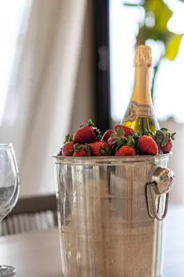 a bucket of strawberries and a bottle of champagne at Blanko Mar Ocean view in Santa Teresa Beach