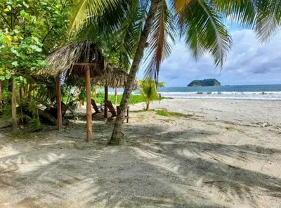 a beach with a hut and a palm tree at Tico Tiki Vacation Villa, 3 Bedroom in Sámara