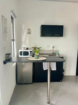a kitchen with a counter with a sink and a microwave at Cameva Villas Your perfect escape in Guatemala