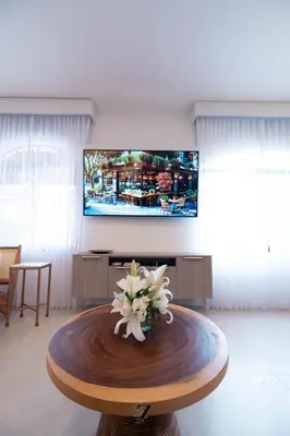 a living room with a tv and a table with flowers at Zapote Zen in San José