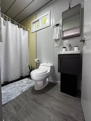 a bathroom with a toilet and a sink and a mirror at Dadirri Cozy House Santa Elena Monteverde in Monteverde Costa Rica