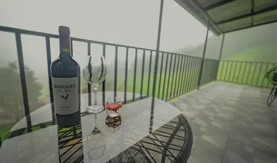 a bottle of wine sitting on a table on a balcony at Dadirri Cozy House Santa Elena Monteverde in Monteverde Costa Rica