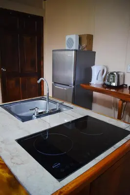 a kitchen counter with a sink and a refrigerator at Hospedaje Casa Coyote in Hacienda Monteverde