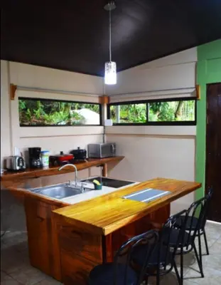 a kitchen with a sink and a counter with chairs at Hospedaje Casa Coyote in Hacienda Monteverde