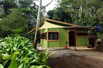 a green house in the middle of a forest at Hospedaje Casa Coyote in Hacienda Monteverde